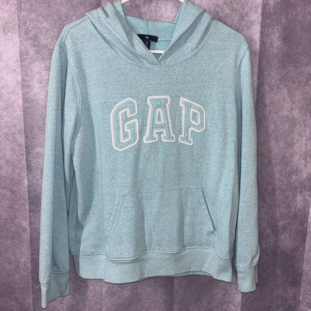 Vintage Gap Women Medium Light Blue Heather Logo Pullover Hoodie Sweatshirt